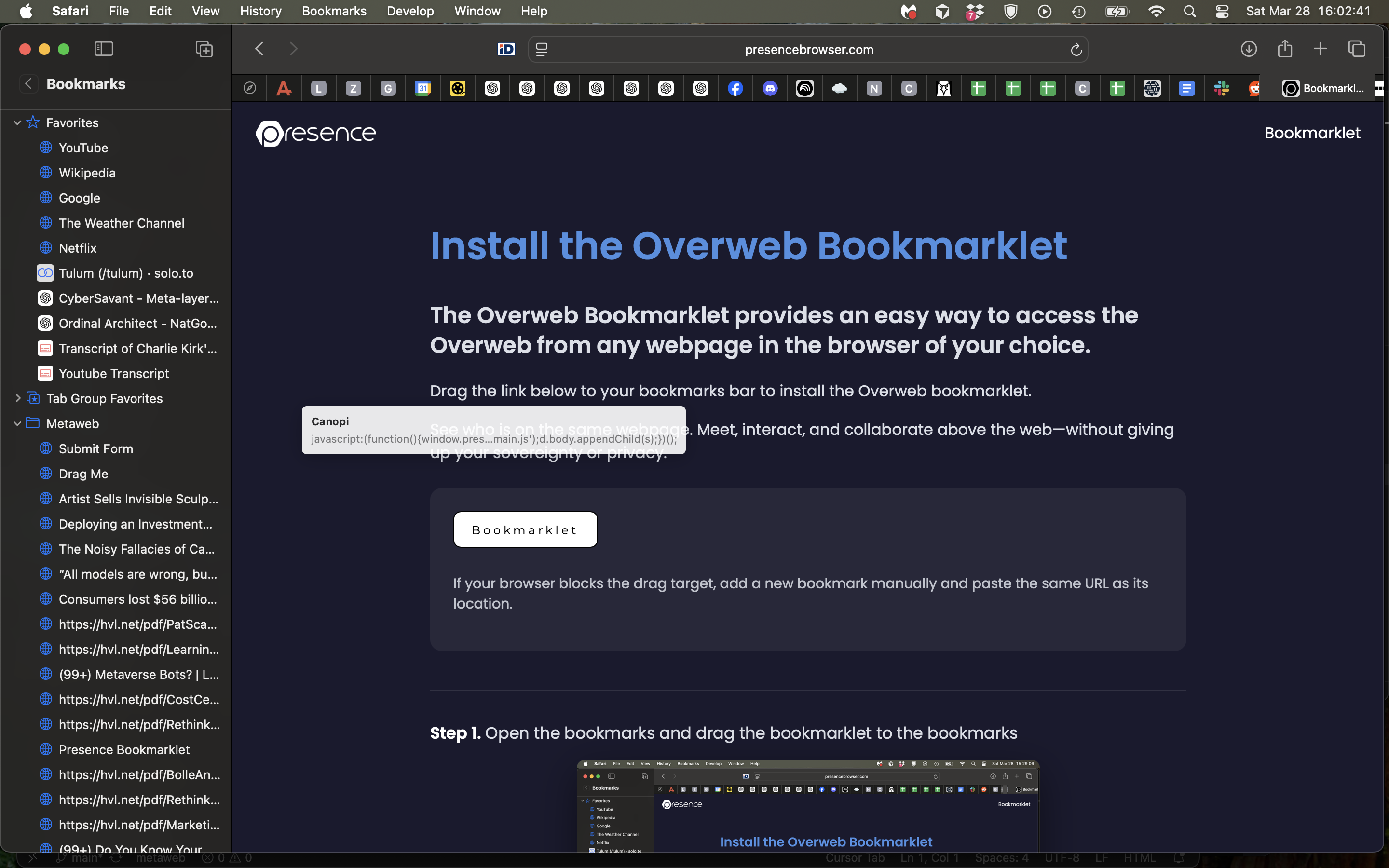 Step 1: open bookmarks and drag the orange bookmarklet button into the bookmarks list